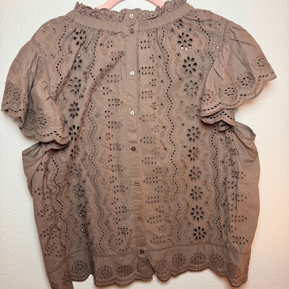 Ruffle Sleeve Brown Eyelet Lace Blouse Cottagecore Boho Romantic Top Cotton - Picture 2 of 12
